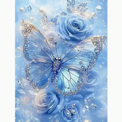 Bộ tranh đính kim cương 5D tự làm - Hoa hồng xanh và bướm, tranh khảm kim cương tròn đầy đủ, trang trí tường nhà và văn phòng thủ công sáng tạo, quà tặng sinh nhật lý tưởng cho người lớn và người mới bắt đầu - quà Giáng sinh.