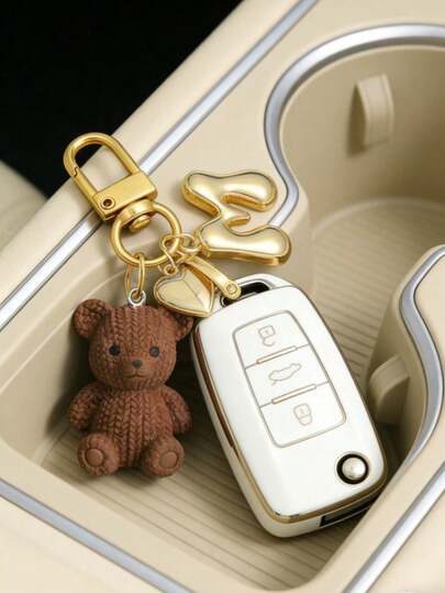 1 pieza Llavero de oso de peluche con letra, llavero de letra de burbuja dorada de la A a la Z para mujeres, lindo oso, dije de bolso, colgante para bolso, mochila, bolsa de viaje, anillo decorativo para llave para gimnasio, aula, juego a juego, uso diario y regalo, accesorio de moda para mujeres y niñas, regalo perfecto para Navidad, San Valentín, cumpleaños, vuelta al colegio