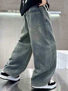 Young Boys Solid Color Wide Leg Denim Jeans - Blue - View 1
