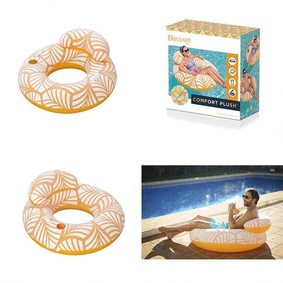 Bestway - Anillo de natación de Terciopelo Flotador Inflable para Piscina de 46 Pulgadas con reposacabezas y Soporte para Tazas Comodidad de Lujo - Naranja - Ver 1