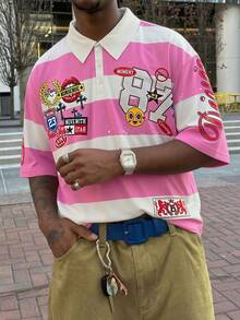 Áo thun dài tay cổ polo in họa tiết sọc hồng dáng casual mùa xuân DIYIE dành cho nam, kiểu dáng sinh viên năng động. - Hồng - Xem 2