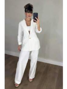 Women's Plus Size Set: Blazer And Wide Leg Pants, Linen Fabric - Off White - View 1