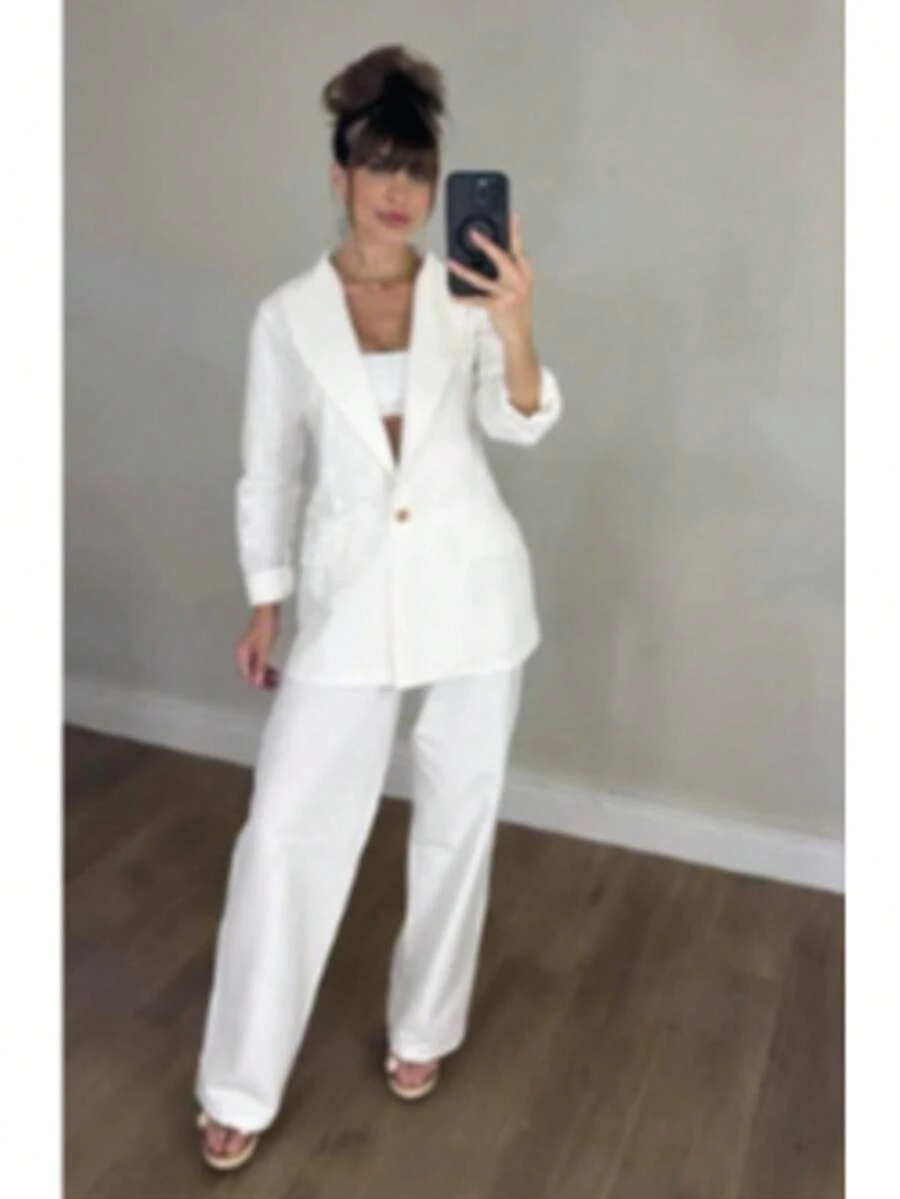 Women's Plus Size Set: Blazer And Wide Leg Pants, Linen Fabric - Off White - View 1