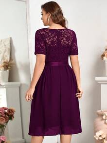 Plus Floral Lace V-Neck Ruffle Trim Chiffon A-Line Hem Semi Formal Party Swing Dress, Summer Dress, For Birthday, Graduation, Homecoming Elegant - Maroon - View 3