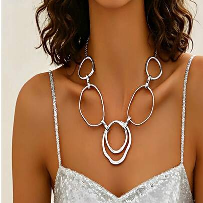 1pc Exaggerated Geometric Round & Oval Pendant Necklace, Classic Elegant European And American Style, Suitable For Women's Banquet And Party Wear