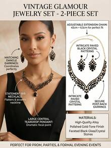 华丽黑色水晶V形粗项链和水滴形吊坠耳环三件套新娘婚礼宴会首饰套装，夏季，珠宝 - 黑色 - 查看 4