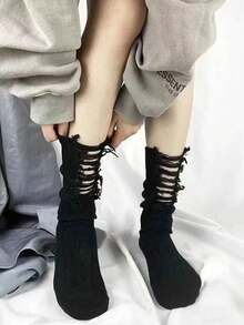 1/3 pares de calcetines largos y huecos personalizados para mujer, calcetines creativos de moda adecuados para uso diario - Negro - Ver 4