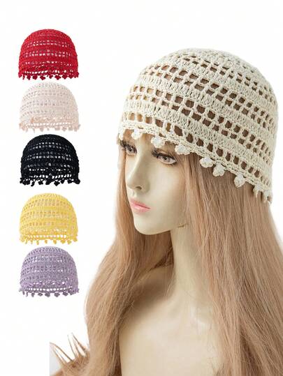 1pc Women's Fashion Glass Bead Pendant Hollow Sequin Decor Hand-Knitted Hat, Suitable For Boho Style Daily Wear