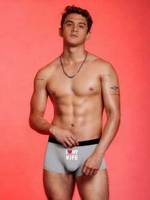 Men's "I Love My Wife" Letter Print Boxer Briefs, Funny Novelty Valentine's Day Gift Underwear, Stretchy Daily Wear Trunks - 灰色 - 查看 6