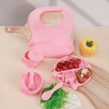 6件套硅胶餐具套装，可爱吸盘耳朵餐盘，勺叉套装，可调节吸管杯，防滑围兜，零食水果午餐盘套装 - 彩色 - 查看 2