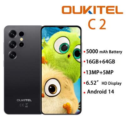  OUKITEL C2 手机（2025 年款，16GB+64GB 存储），6.52 英寸水滴屏，5000mAh 电池，Android 14 系统，1300 万像素摄像头，八核处理器，支持指纹识别、3.5mm 耳机孔和 GPS。