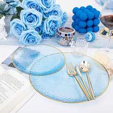 50/25/7/1pc Light Blue Hammered Single Gold Rim Tableware Tray, Tableware Set, Salad Plate, Holiday Party Tableware, Tray, 10.25 Inch And 7.5 Inch Dining Tray, Suitable For Various Parties, Outdoor, Wedding, Restaurant - Light Blue - View 7