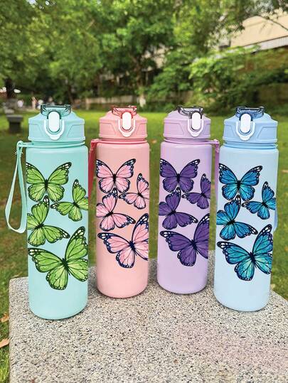 1 Bình nước thể thao bằng nhựa 750ml/25oz - Họa tiết bướm nhiều màu sắc dễ thương, chống rò rỉ với nắp bật, nhẹ và chống rơi vỡ, dung tích lớn 750ml, có thể tái sử dụng, thích hợp cho trường học, văn phòng, phòng tập thể dục và các hoạt động thể thao ngoài trời, yoga, chạy bộ. Là món quà lý tưởng cho phái nữ, thích hợp cho Halloween, Giáng sinh, Ngày lễ tình nhân, Lễ Tạ ơn, Sinh nhật.