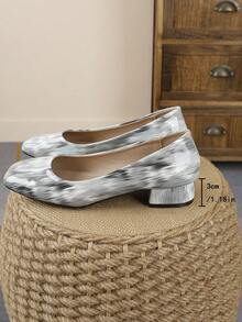2026 New Women's Black White Gray Gradient Square Toe 3cm Chunky Low Heel Pumps, Ink Texture Slip-On Versatile High Heels - Grey - View 5