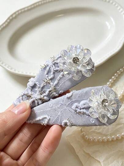 1pc Elegant Sweet 3D Embroidered Small Blue Flower Crystal Floral Hair Clip, Niche Design New Arrival