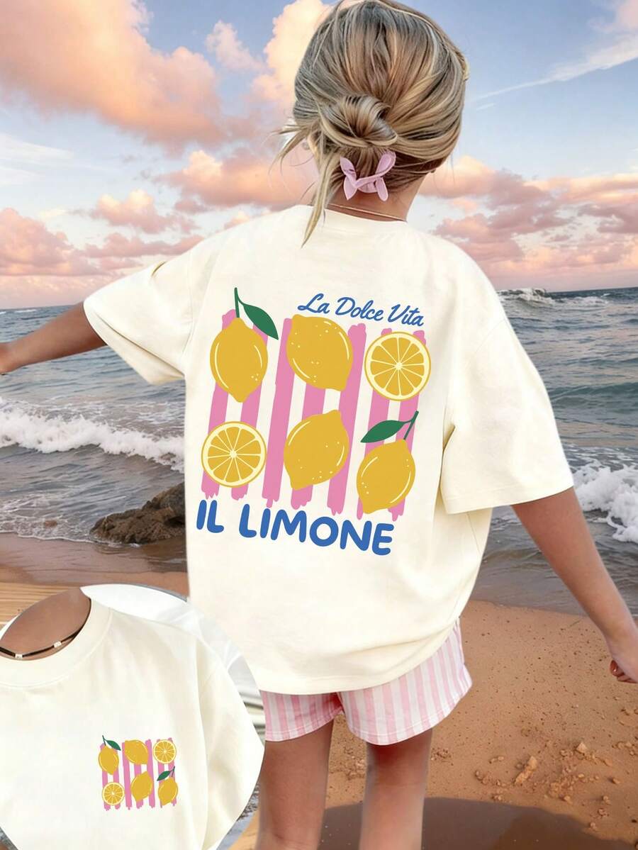 Áo thun bé gái tuổi teen in hình quả chanh "La Dolce Vita", chất liệu mềm mại và thoải mái, phù hợp cho các bé gái đi du lịch, nghỉ mát, thể thao ngoài trời, mặc hàng ngày, đi chơi thông thường, lựa chọn tốt nhất! Áo thun thời trang đa năng cho bé gái mùa xuân và mùa hè. - Màu be - Xem 1