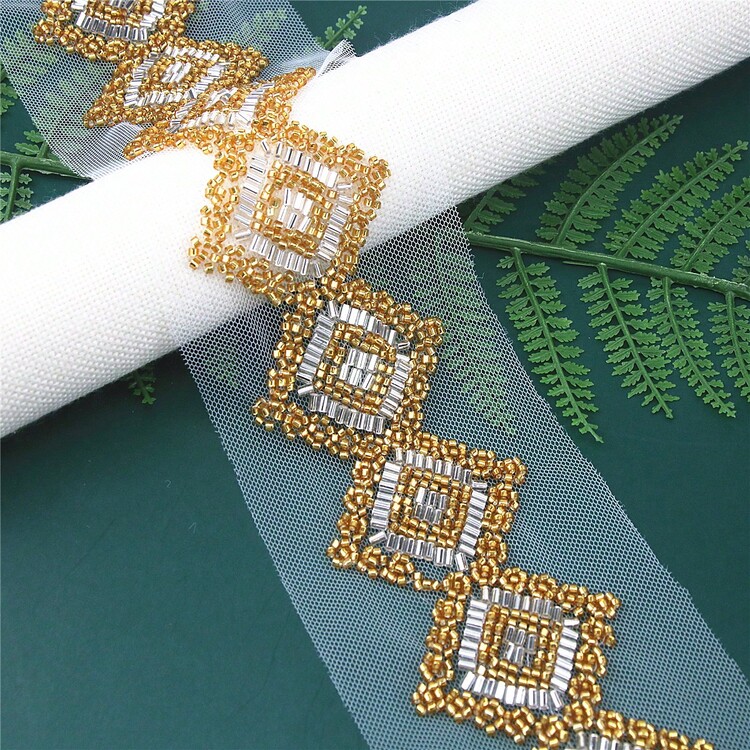 Dây ren thêu hoa hình vuông đính cườm vàng/đen, dài 1 thước, dùng để trang trí váy cưới, mũ, túi xách, phụ kiện thủ công tự làm. - Ren đính kim cương - Xem 6