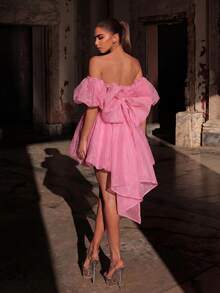 Faeriesty Elegant Stylish Bubble Sleeve Graduation Dress With Large Back Bowknot & Floral Applique | Luxury Party Dress For Weddings, Outfits Pink - Pink - View 7