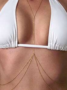 性感女士身体链饰品，多层水钻交叉比基尼文胸身体配饰，夏季沙滩水晶肚脐腰链 - 彩色 - 查看 1