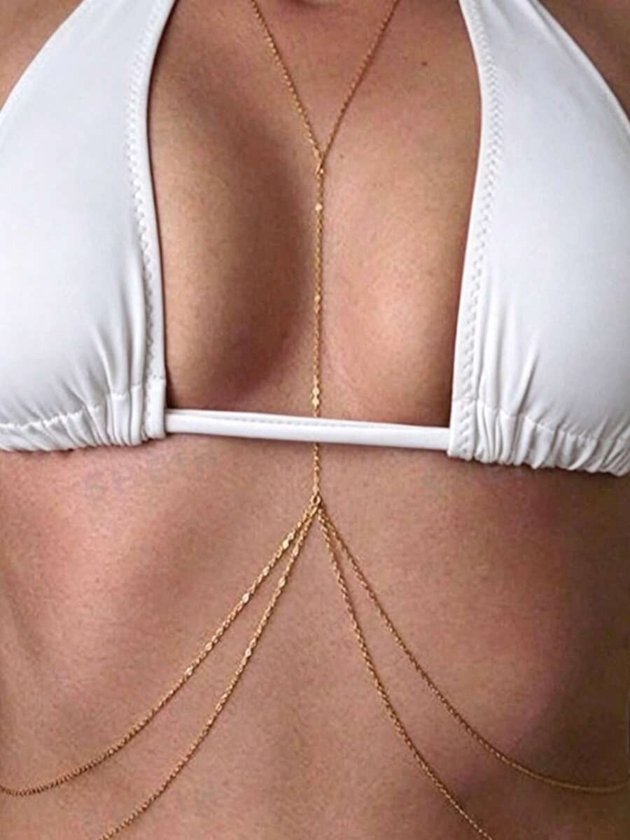 性感女士身体链饰品，多层水钻交叉比基尼文胸身体配饰，夏季沙滩水晶肚脐腰链 - 彩色 - 查看 1