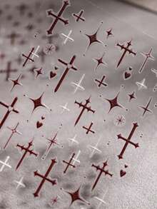 1pc Red Cross Nail Sticker, 5D Embossed Cross & Star Pattern, Cute Y2K Style DIY Nail Decals For Women, Can Be Applied On Nails, Phone Cases, Cups, Mirrors, Etc. - Red - View 4