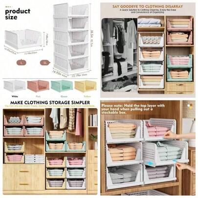 8 Pack Stackable Closet Storage Boxes, Multifunctional Foldable Closet Organizer Bathroom Kitchen Laundry Room Wardrobe Storage, Space - Saving Wardrobe Drawer Organizer, White