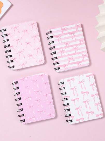 Bộ 4 cuốn sổ tay lò xo chủ đề nơ hồng, sổ tay lò xo, sổ nhật ký mini dễ thương, sổ tay bỏ túi nhỏ, ghi chú, thể hiện sự sáng tạo, trang trí tiệc chủ đề nơ, quà tặng tiệc cưới, trang trí tiệc sinh nhật, quà tặng tiệc, tiệc mừng em bé, đồ dùng tiệc cô dâu, trang trí tiệc.