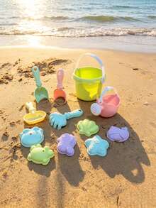 12pcs Beach Toy Set, Including Bucket, Rake, Shovel, Spoon, Animal Molds, Foldable Bucket, Summer Beach Water Play Sand Tools, Parent-Child Interaction, Birthday/Holiday Gift For Boys & Girls (Accessory Colors Random) - Multicolor - View 4