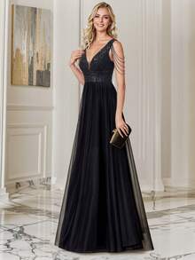 V-Neck Fitted Sequin Embellished Formal Gown - Black - View 2