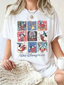 Including Disney Fashion Prints, Summer T-Shirts, Disney World Patchwork Prints, Suitable For Daily Wear, Easy To Wear In Summer, Micro-Elastic, Soft Round Neck Casual Daily Tops, Including Disney Fashion Prints, Round Nec - 白色 - 查看 1