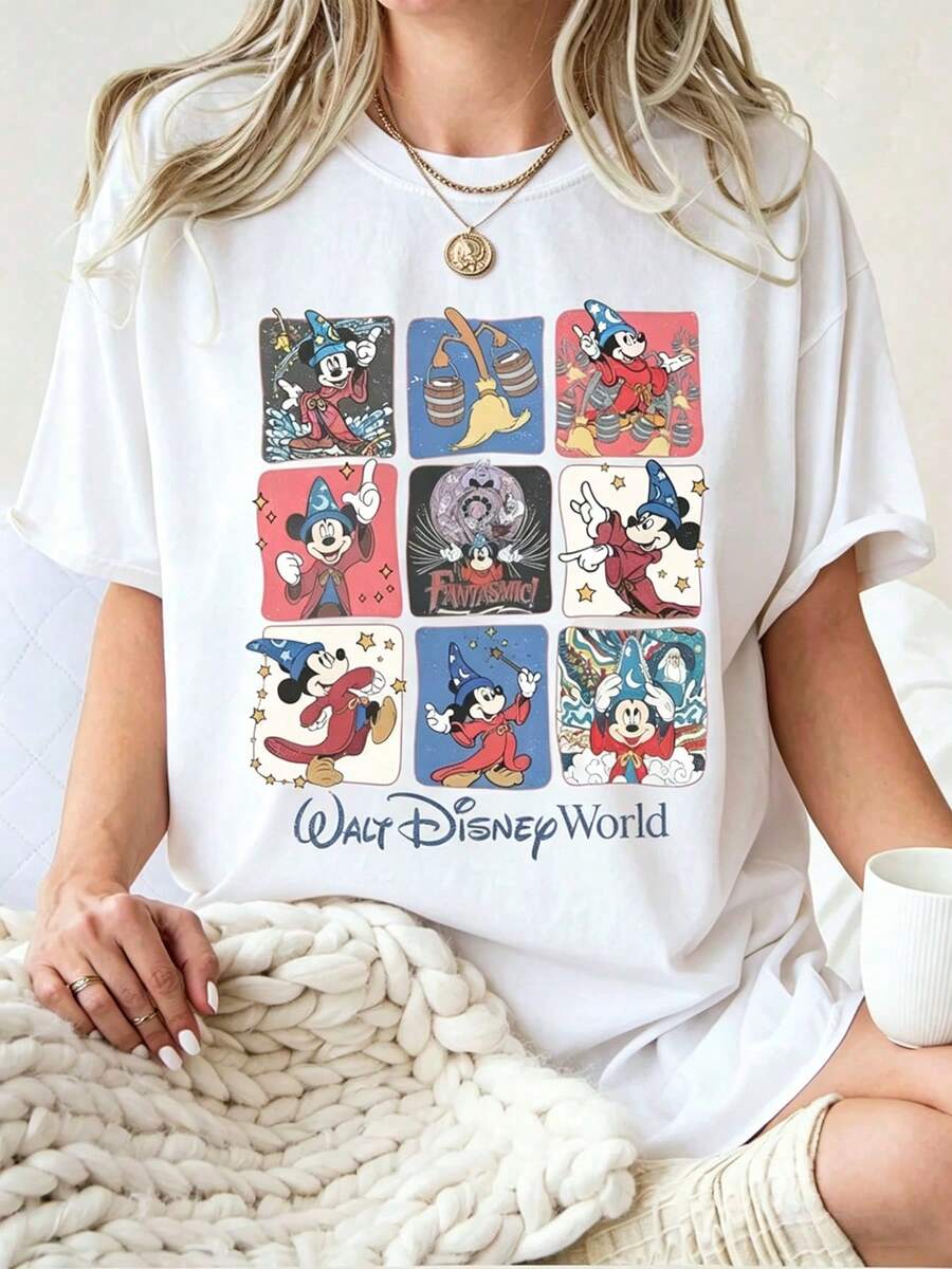 Including Disney Fashion Prints, Summer T-Shirts, Disney World Patchwork Prints, Suitable For Daily Wear, Easy To Wear In Summer, Micro-Elastic, Soft Round Neck Casual Daily Tops, Including Disney Fashion Prints, Round Nec - 白色 - 查看 1