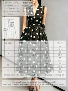 Elegante vestido de verano de mujer sin mangas con cuello en V, estampado de lunares, corte evasé y detalle anudado, para vacaciones - Blanco y Negro - Ver 4
