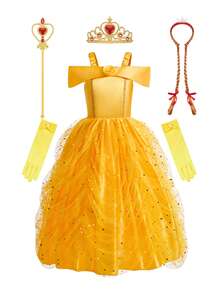 Bộ 6 món gồm váy công chúa màu vàng không tay, voan mỏng đính sequin, tóc giả, vương miện, đũa phép, găng tay, thích hợp cho bé gái dự tiệc, Giáng sinh, lễ hội. - Màu vàng - Xem 14