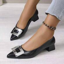 Women's Metal Buckle Decor Pointed Toe Chunky Heel Pumps, Nude Color Patent Leather Commuter Shoes, Spring - Black - View 1