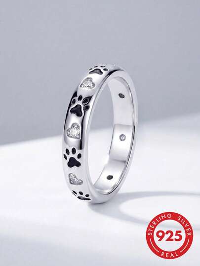 1pc 925 Sterling Silver Pet Paw Diamond Heart Ring, Suitable For Women's Daily Matching And Party Wear, High-Quality Jewelry Gift