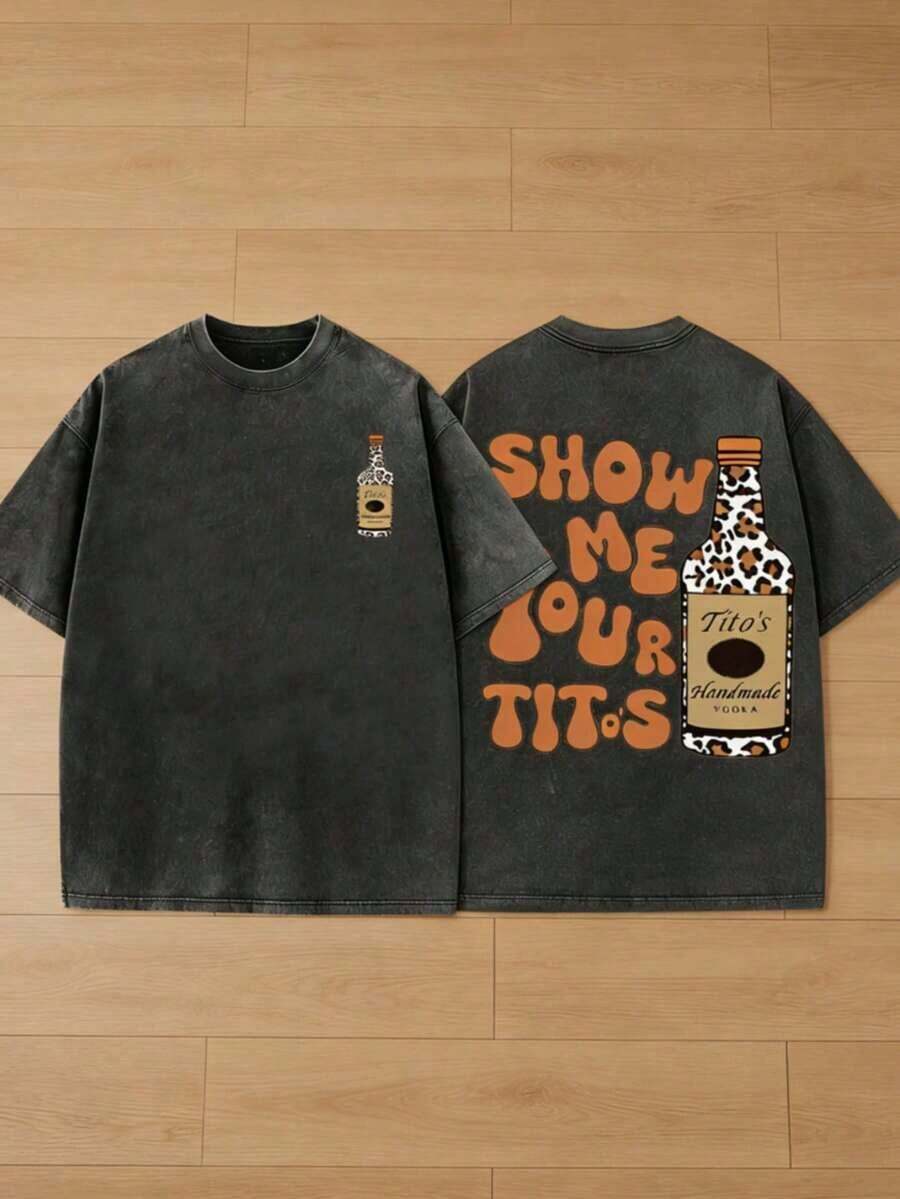 Summer Essentials Graphic TeesRetro Style, Tito's Vodka Lovers, Leopard Print, Washed Double-Sided Printed Retro T-Shirt, Retro Loose T-Shirt, Men's Casual T-Shirt, Cool Graphic Design T-Shirt, A Must-Have For Street Style Enthusiasts. - Black - View 1