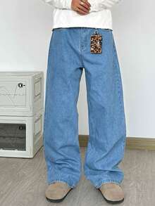 1件装男士宽松Y2K蓝色牛仔裤，街头休闲透气牛仔裤，适合城市漫步、家庭郊游、四季穿着。 - 中等水洗藍 - 查看 3