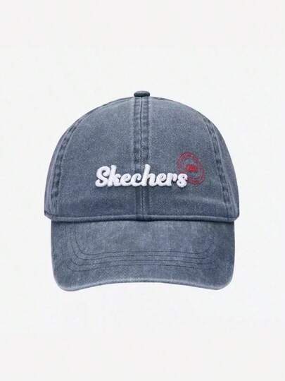 Skechers Mũ lưỡi trai denim mài, kiểu dáng retro, unisex.
