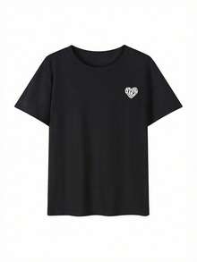 日式夏季愛心圖案女款寬鬆休閒短袖上衣，藍色字母背印 T-shirt，黑色 - 黑色 - 查看 5