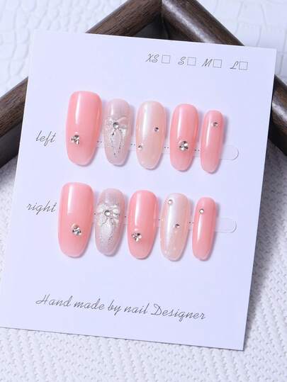 10pcs/Set Handmade Oval Nail Pieces In Y2K Pink Style & 3D Handcrafted Bowknot & Hand Painted Polka Dot Diamond Inlay Design For Nail Decoration. 1 Piece Of Jelly Gel And 1 Piece Of Nail File. Perfect For Daily Life As Well As For Costumes For Coachella Music Festival Parties, Press On Nails And Nail Care Products.