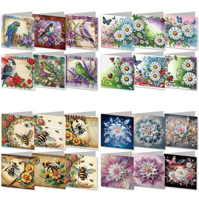 DIY Diamond Painting wenskaartenset (1 of 4 stuks), met bloemen-, dieren-, madeliefjes-, bijen-, vintage papier- of papegaaienmotieven. Geschikt voor bedankjes, verjaardagen, Moederdag, het uiten van warme wensen, familie, vrienden, geliefden en als uitnodiging voor een feestje. Handgemaakte cadeauset met envelop.