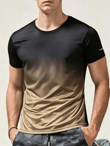 Men's Sports Fashion Slim Fit Short Sleeve Crew Neck T-Shirt, Summer Fitness Training Wear, Ideal Gift - Khaki - View 6