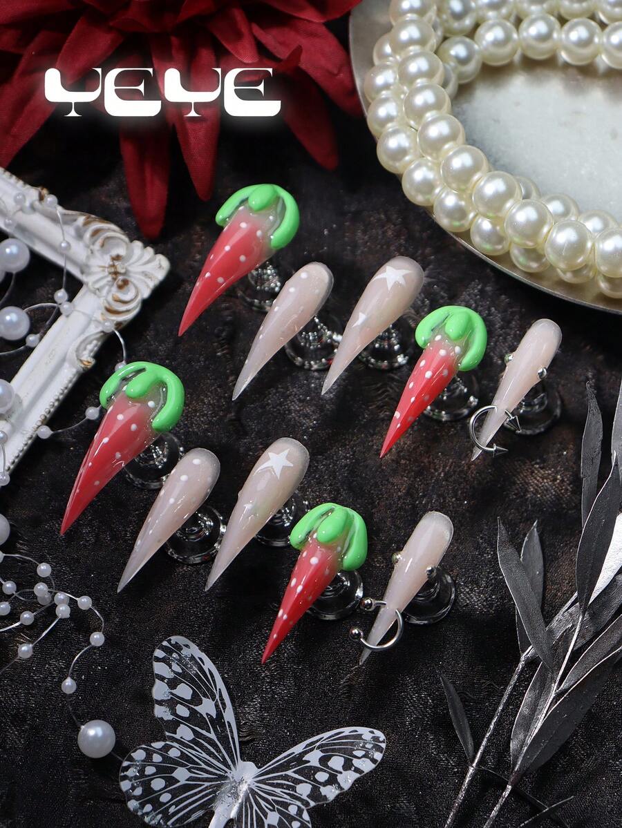 10 piezas de uñas postizas cuadradas cortas, nude, lunares, fresa, garra 3D, kit de uñas acrílicas de cobertura completa con encanto exótico, suministros de uñas para mujeres y niñas & 1 pieza de mini lima de uñas & 1 gelatina, para fiesta, boda, uso diario, arte de uñas de verano
