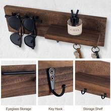Rak Organizer Kunci Gantung Dinding, Rak Penyimpanan Dekoratif untuk Pintu Masuk dengan Kait untuk Menggantung Kunci, Tali Anjing, Kacamata Hitam, dll., Desain 3 Kait Menjaga Barang Tetap Rapi dan Memperindah Dekorasi Rumah - View 6