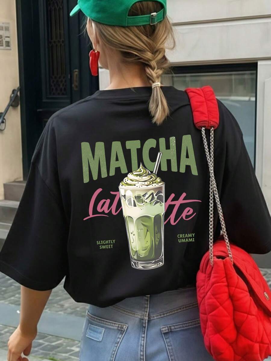 1件女款寬鬆圓領短袖T恤,抹茶咖啡拿鐵主題圖案印花,適合度假、辦公室、外出、日常、約會、派對、聚會、街頭、節日、音樂節、情人節、派對場合。優雅女款辦公室服裝,可愛上衣,女款度假,優雅女款休閒黑色夏季上衣 - 黑色 - 查看 1