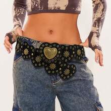 Plus Size XL/XXL Women's Belt, Y2K Girl Waist Belt, BOHO Style Heart Patchwork Rivet Decor Western Retro Velvet Black Belt Accessory, Suitable For Skirts, Music Festivals, Parties, Y2K, Plus Size, Valentine's Day - Black - View 3
