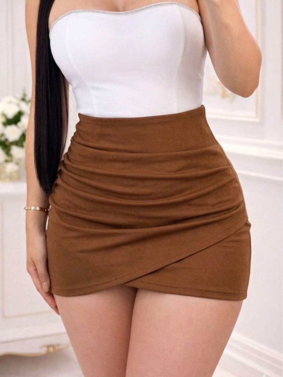 Elegant Women's Neoprene Short Skirt With Ruffles And Stapled Detail - Perfect Fit, Chic And Comfortable - Rust Brown - View 1