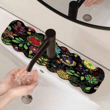 1pc Black Background Embroidery-Style Floral Asymmetric Pattern Faucet Mat, Dish Drying Mat, Absorbent Mat, Suitable For Home Sink, Kitchen, Decoration And Gifts - Black Background With Red Daisies, Imitation Embroidery - View 2