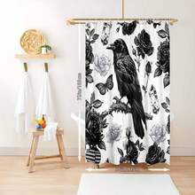 1Pc Gothic Crow & Floral Shower Curtain, Black & White Botanical Print, Machine Washable Polyester With 12 Hooks, Modern Elegant Bathroom Decor, Smooth Texture Fabric For Stylish Home Aesthetics, Bathroom Decor And Accessories - 顏色2 - 查看 12