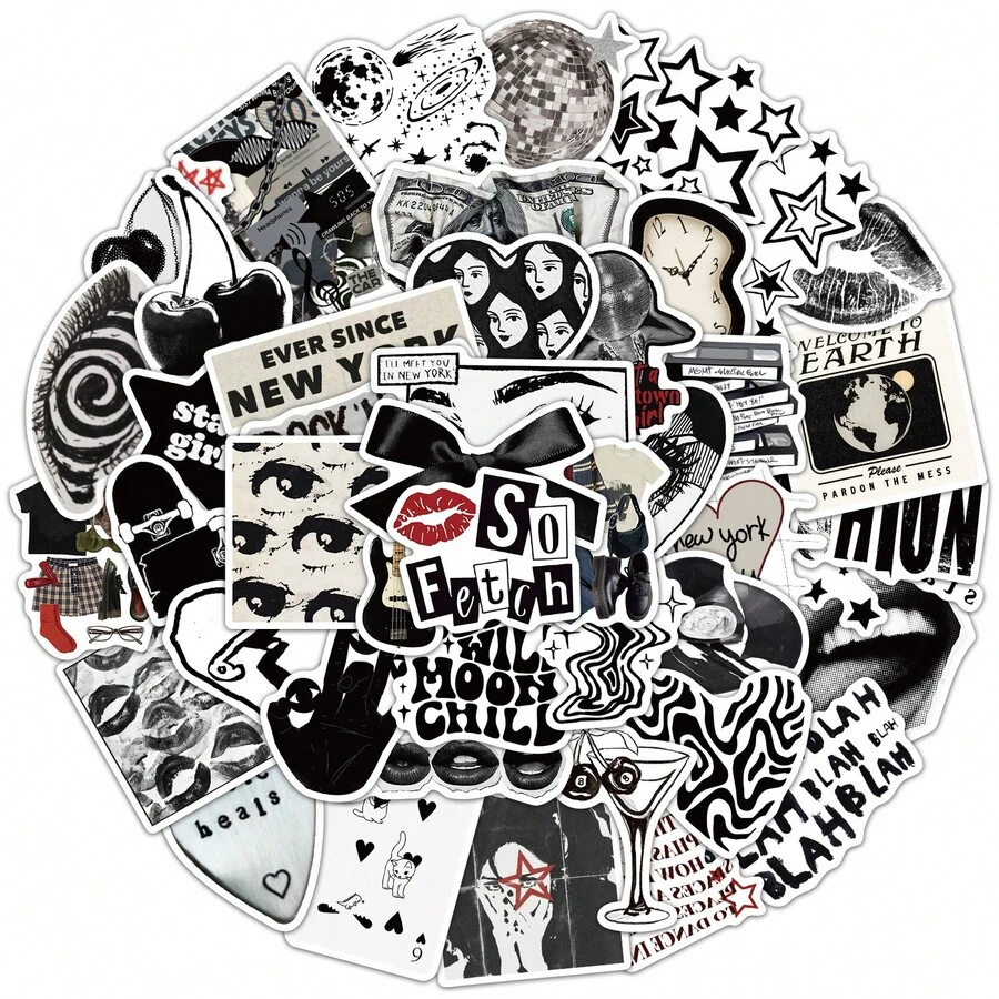50pcs Y2K Style Black & White Girl Graffiti Stickers, Suitable For DIY On Water Bottles, Computers, Notebooks, Phones, Luggage, Refrigerators, Storage Containers, Etc. - A - View 1